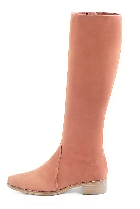 Peach orange women's riding knee-high boots. Round toe. Low leather soles. Made to measure. Profile view - Florence KOOIJMAN